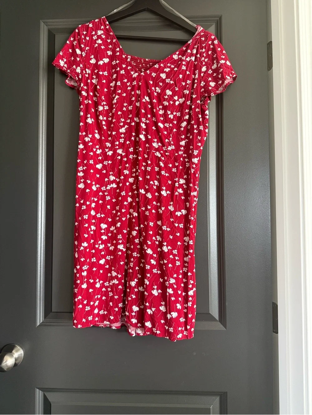 Old Navy Red Floral Smocked Dress with White Print
